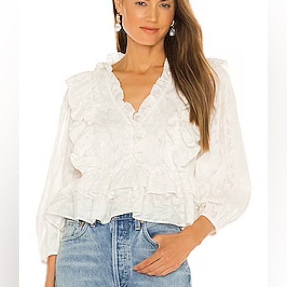 Something Navy Audrey Ruffle 3/4 Puff Sleeve Blouse in White - Picture 3 of 10